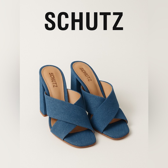 Schutz Callie Denim Block Heel Mules Blue Crossover Sandals Women’s Size 6 NWOB - Picture 1 of 9